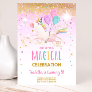 1 Editable Unicorn Birthday Invitation Magical Party Invite Girl Pink Gold Birthday Digital Invite Template Rainbow Download Corjl 0336 1
