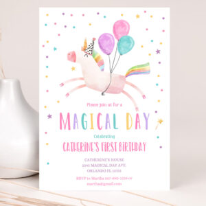1 Editable Unicorn Birthday Invitation Magical Party Invites Girl Pink First Birthday Digital Invite Template Rainbow Download Corjl 0336 1