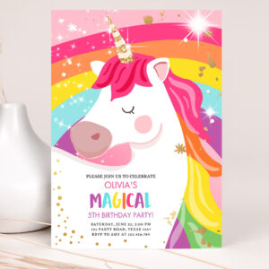 1 Editable Unicorn Birthday Invitation Magical Unicorn Party Girl Pink Gold Unicorn Invite Rainbow Printable Corjl Template Digital 0323 1