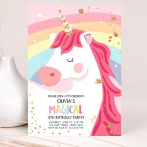 1 Editable Unicorn Birthday Invitation Unicorn Party Girl Pink Gold Magical Unicorn Invite Rainbow Corjl Template Digital 0323 1