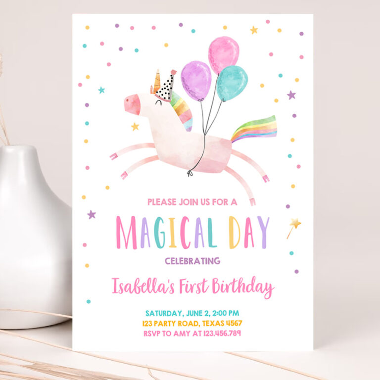1 Editable Unicorn Birthday Invitations Magical Party Invite Girl Pink First Birthday Digital Invite Template Rainbow Download Corjl 0336 1