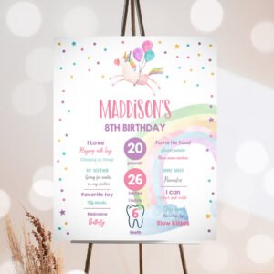 1 Editable Unicorn Birthday Milestones Sign Birthday Girl First Birthday Magical Party Balloons Rainbow Colors Poster Corjl Printable 0336 1