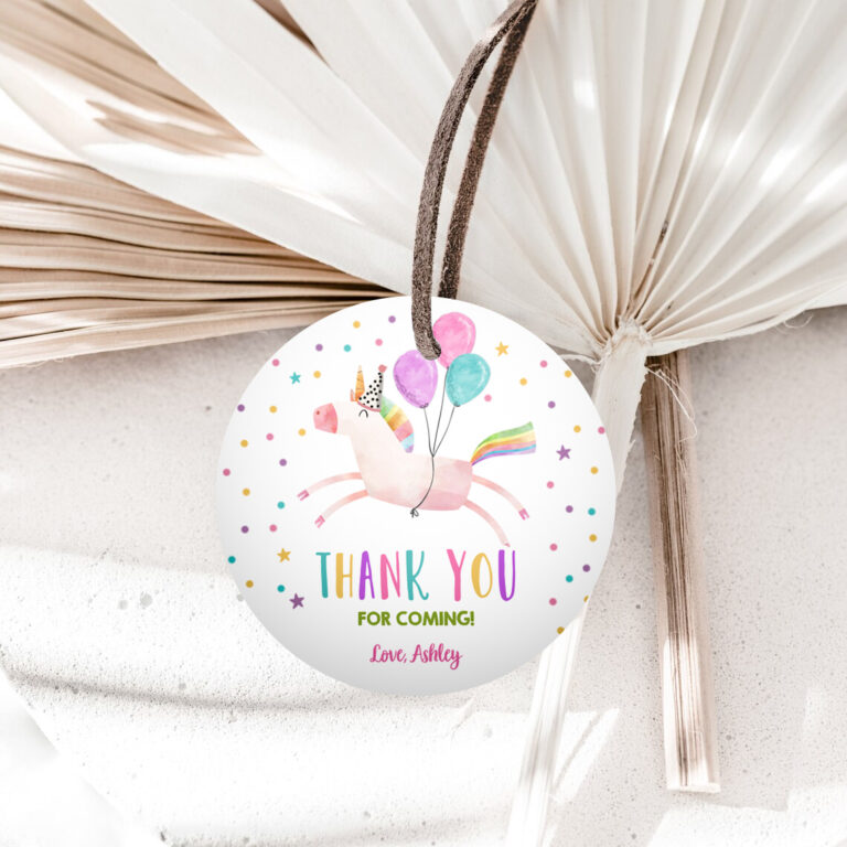 1 Editable Unicorn Favor Tags Unicorn Birthday Party Thank You Gift Tags Magical Rainbow Girl Round Sticker Corjl Pink Gold Template 0336 1