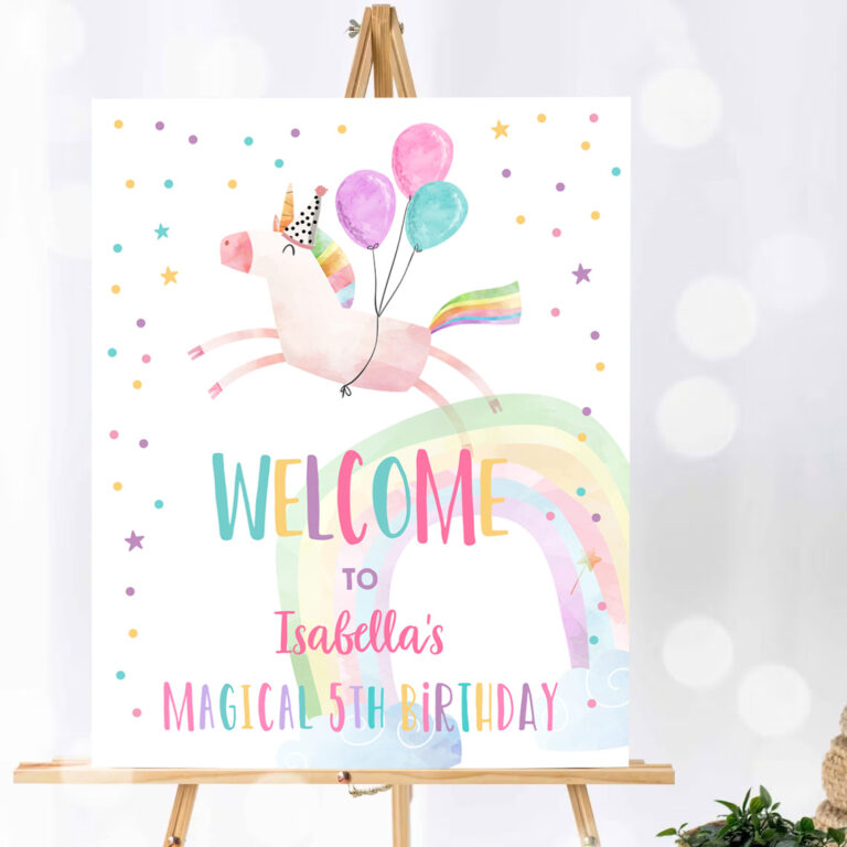 1 Editable Unicorn Welcome Sign Unicorn Birthday Door Sign Rainbow Girl Magical Party Sign Poster Pink First Template PRINTABLE Corjl 0336 1