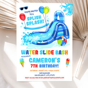 1 Editable Water Slide Birthday Splash Party Invitation Blue Waterslide Bash Boy or Girl Printable Invite 1