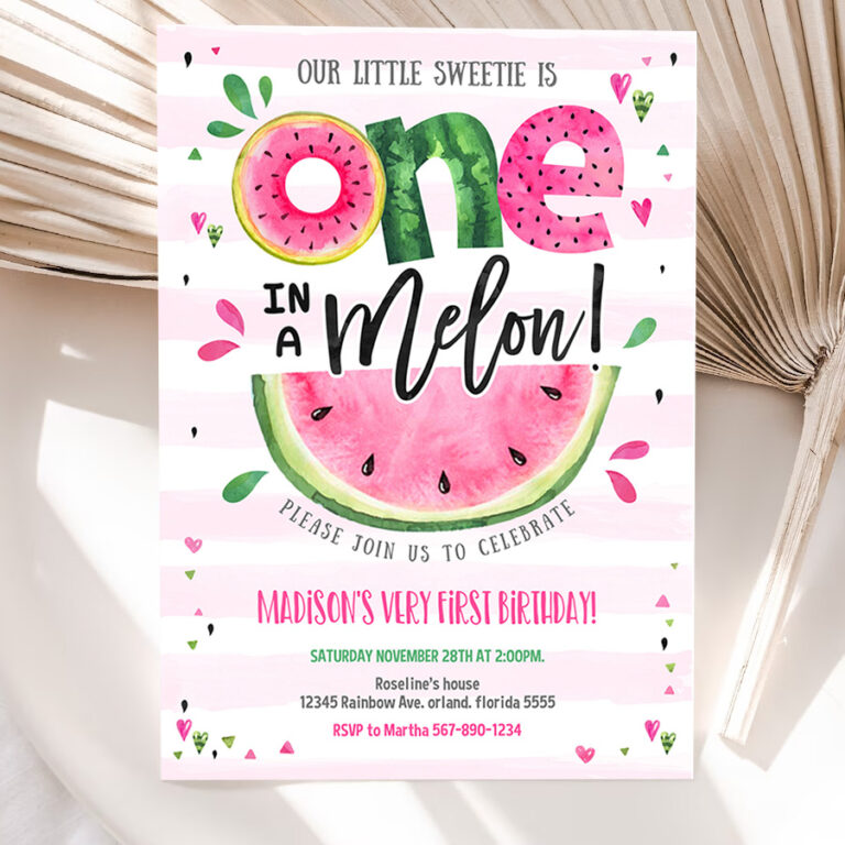 1 Editable Watermelon Invitation Birthday Invitations Pink Watermelon Party One in a Melon 1st Birthday Party Invite 1