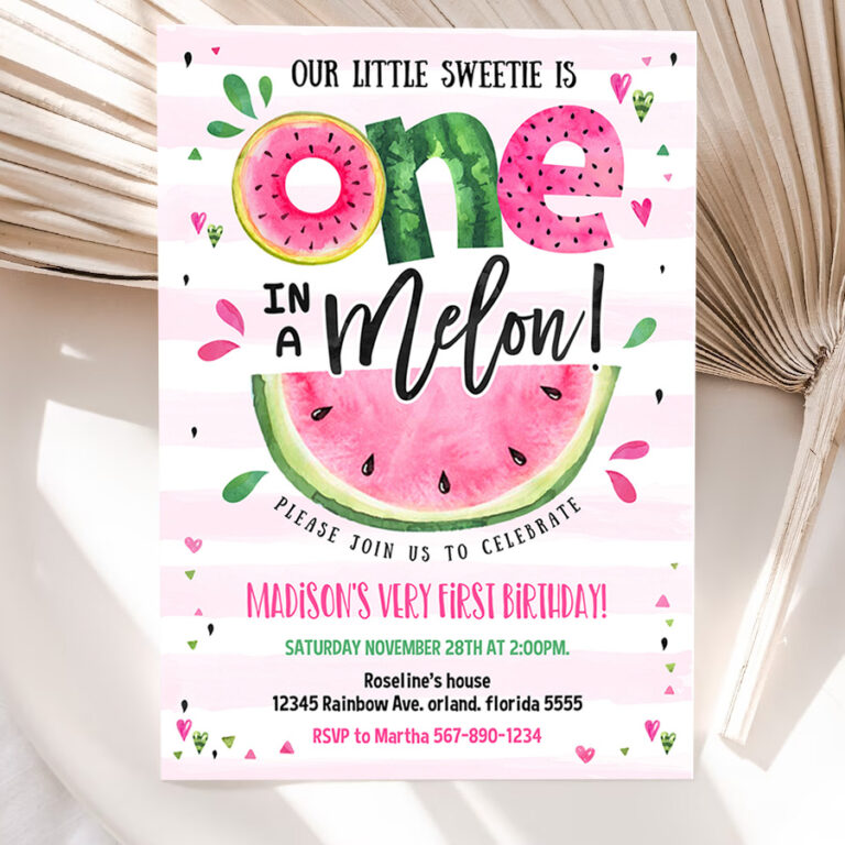 1 Editable Watermelon Invitation Birthday Party Invitations Pink Watermelon Party One in a Melon 1st Birthday Party Invite 1
