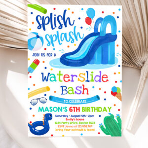 1 Editable Waterslide Birthday Party Invitation Water Slide Bash Summer Pool Party Boy Blue Pool Party BBQ Pool Party 1