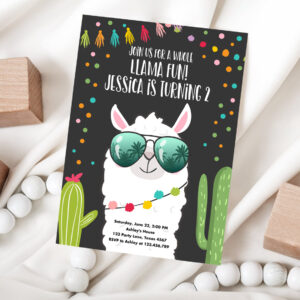 1 Editable Whole Llama Fun Birthday Invitation Fiesta Llama Cactus Mexican Party Chalk Confetti Girl Boy Alpaca Corjl Template Printable 0079 1