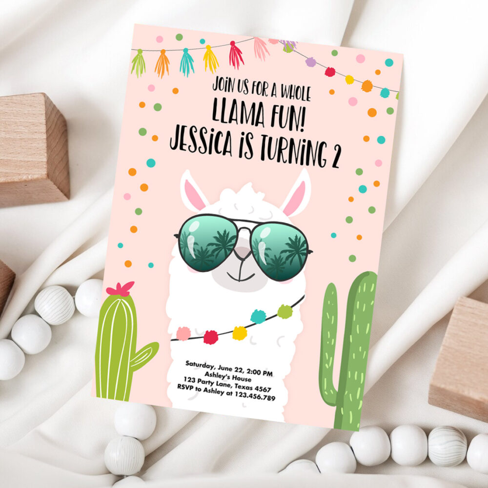 1 Editable Whole Llama Fun Birthday Invitation Pink Llama Fiesta Cactus Confetti Girl Pink Alpaca Instant Download Printable Template Corjl 0079 1