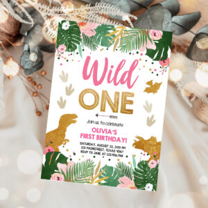 1 Editable Wild One Birthday Invitation Dinosaur Dino Party Girl 1st First Birthday Pink Gold Born to be Wild Corjl Template Printable 0146 1