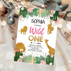1 Editable Wild One Birthday Invitation Girl Safari Animals Jungle Zoo Party Animals Pink Gold Instant Download Printable Corjl Template 0016 1