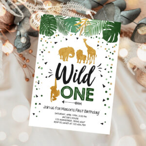 1 Editable Wild One Birthday Invitation Safari Animals Black Gold Zoo Jungle Wild Animals Party Download Printable Corjl Template Digital 0016 1