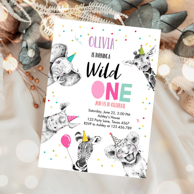 1 Editable Wild One Birthday Invitation Safari Animals Party Animals Girl Pink Gold First Birthday 1st Confetti Corjl Template Printable 0390 1