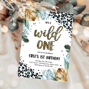 1 Editable Wild One Leopard Print Jungle Birthday Party Invitation Blue Boy Leopard Print Wild One 1st Birthday Party 1
