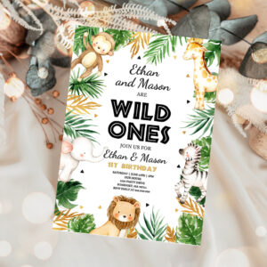 1 Editable Wild One Twins Birthday Invitation Safari Animals Invitation Twins Jungle Safari Animal Party Gold Wild Ones 1