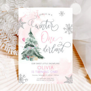 1 Editable Winter ONEderland Birthday Invitation First Birthday 1st Girl Pink Snow Watercolor Tree Christmas Snowflake Corjl Template 0363 1