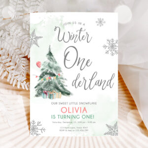 1 Editable Winter ONEderland Birthday Invitation First Birthday Boy Girl Neutral Snow Watercolor Tree Christmas Snowflake Corjl Template 0363 1