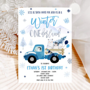 1 Editable Winter ONEderland Invitation Winter Blue Truck 1st Birthday Penguin Polar Bear Winter ONEderland Party 1