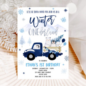 1 Editable Winter ONEderland Invitation Winter Navy Blue Truck 1st Birthday Penguin Polar Bear Winter ONEderland Party 1