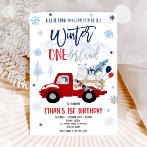 1 Editable Winter ONEderland Invitation Winter Red Truck 1st Birthday Penguin Polar Bear Winter ONEderland Party 1