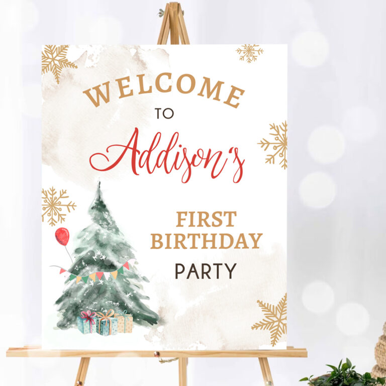 1 Editable Winter Onederland Welcome Sign Christmas Tree Watercolor First Birthday Neutral Red Gold Snowflake Corjl Template Printable 0363 1
