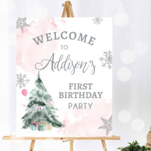 1 Editable Winter Onederland Welcome Sign Party Tree Watercolor First Birthday Girl Pink Snowflake Wonderland Corjl Template Printable 0363 1