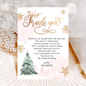 1 Editable Winter Tree Thank You Card Watercolor Baby Its Cold Outside Baby Shower Pink Girl Gold Neutral Snow Template Download Corjl 0363 1
