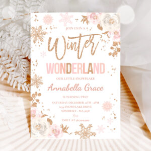 1 Editable Winter Wonderland Birthday Invitation Pink Rose Gold Winter Wonderland Party Floral Winter Wonderland Party 1
