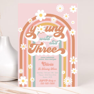 1 Editable Young Wild And Three 3rd Birthday Party Invitation Peace Love Groovy Rainbow Party Hippie 70s Birthday 1