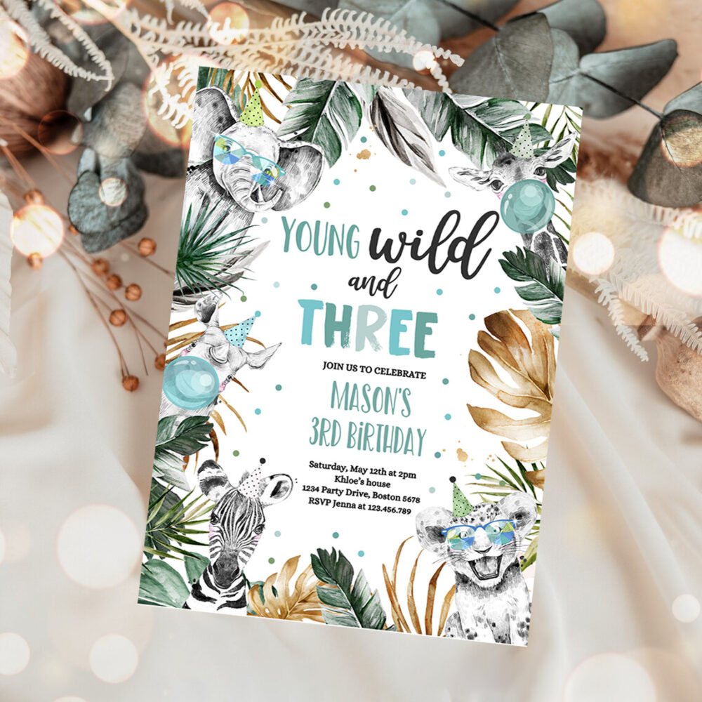 1 Editable Young Wild And Three Birthday Party Invitation Safari Animals Wild 3rd Birthday Party Gold Monochrome Jungle Party 1