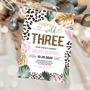 1 Editable Young Wild And Three Leopard Print Jungle Birthday Party Invitation Leopard Print Wild And Three Birthday Party Template 1