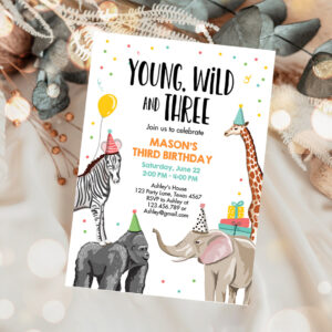 1 Editable Young Wild and Three Birthday Invitation Animals Invite Party Jungle Safari Boy 3rd Three Download Printable Template Corjl 0142 1