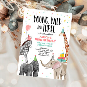 1 Editable Young Wild and Three Birthday Invitation Animals Invite Party Jungle Safari Pink Girl Download Printable Template Corjl 0142 1