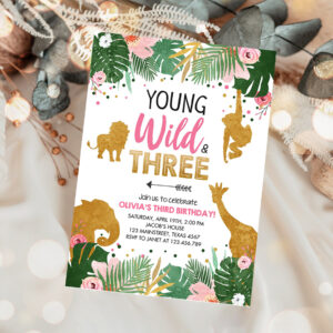 1 Editable Young Wild and Three Birthday Invitation Animals Invite Party Jungle Safari Pink Gold Download Printable Template Corjl 0016 1