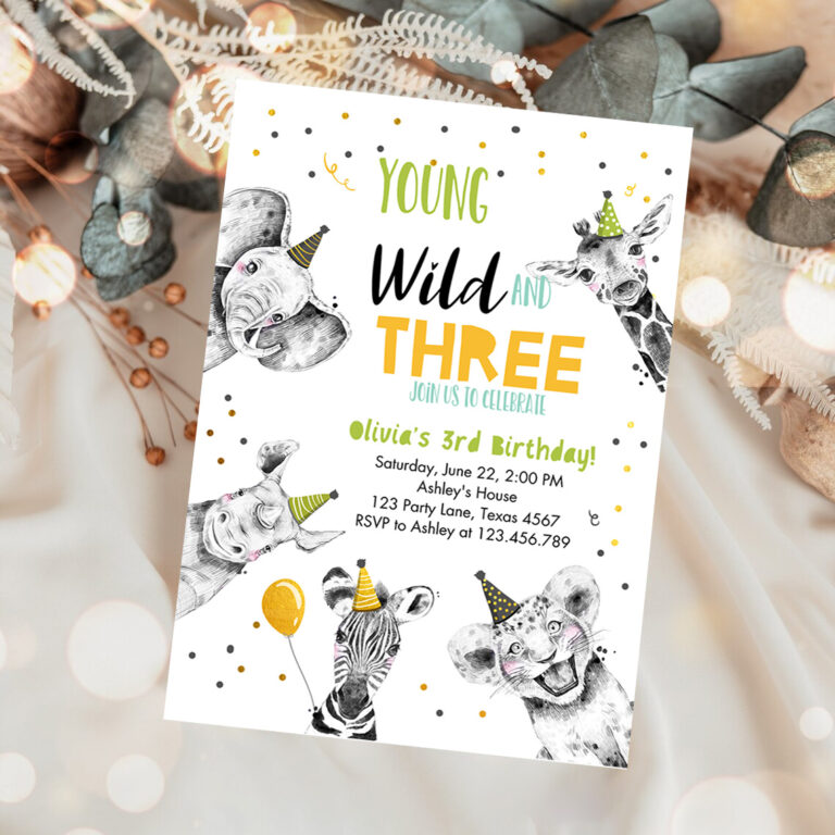 1 Editable Young Wild and Three Birthday Invitation Boy Green Gold Third 3rd Safari Animals Download Printable Template Digital Corjl 0390 1