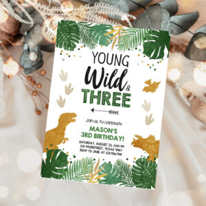 1 Editable Young Wild and Three Birthday Invitation Dinosaur Dino Party Boy 3rd Third Birthday Green Gold Black Corjl Template Printable 0146 1