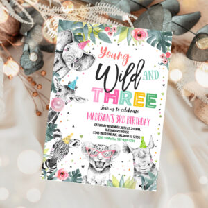 1 Editable Young Wild and Three Invitation Girl Pink and Gold Safari Animals Zoo Instant Download Printable Template 1