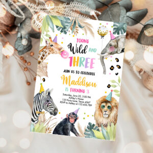 1 Editable Young Wild and Three Invitation Girl Pink and Gold Safari Animals Zoo Instant Download Printable Template Digital Corjl 0417 1