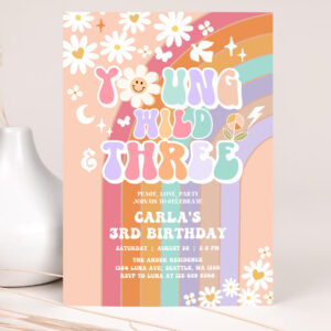 1 Editable Young Wild and Three Invite Daisy Rainbow Groovy 3rd Birthday Invite Hippie Retro Birthday Invitation 1