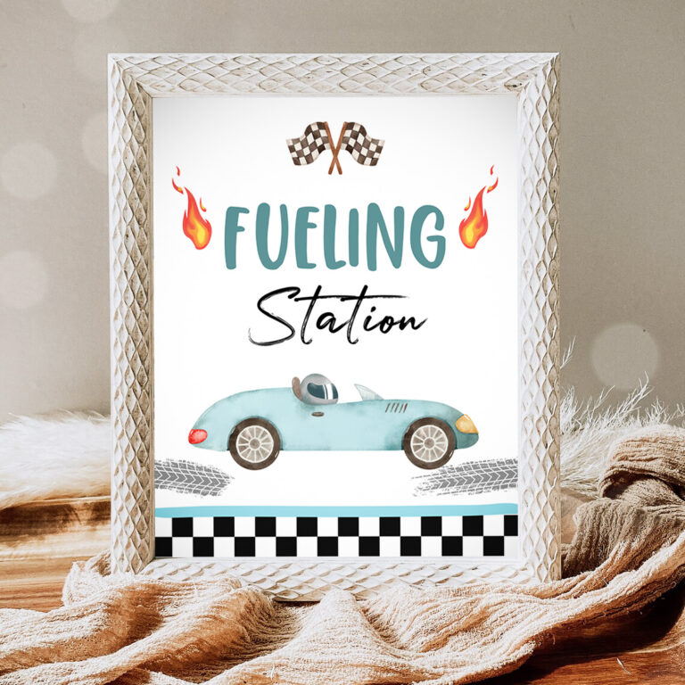 1 Fueling Station Race Car Sign Race Car Birthday Party Sign Two Fast Birthday Party Blue Vintage Racing Car Drinks Download PRINTABLE 0424 1