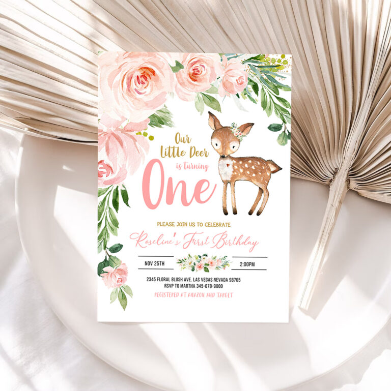 1 Our Little deer First Birthday Invitation Woodland Deer Birthday Invitations Floral Woodland Invite Editable Template 1