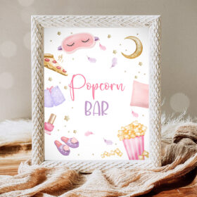1 Popcorn Bar Sign Sleepover Birthday Sign Slumber Party Decor Teen Birthday Movie Night Pancakes Pajamas Snack Sign Download PRINTABLE 0447 1