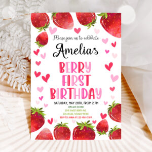 1 Strawberry Birthday Invitation Party Invites Berry Sweet Girl Two First 1st Summer Fruit Cute Red Citrus Printable Template 1