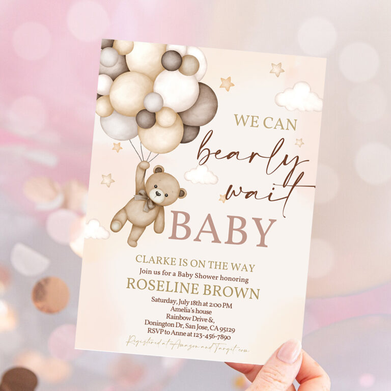 1 Teddy Bear Baby Shower Invitation We Can Bearly Wait Brown Ivory Beige Balloons Boho Baby Shower Invites Boy Girl EDITABLE Template 1