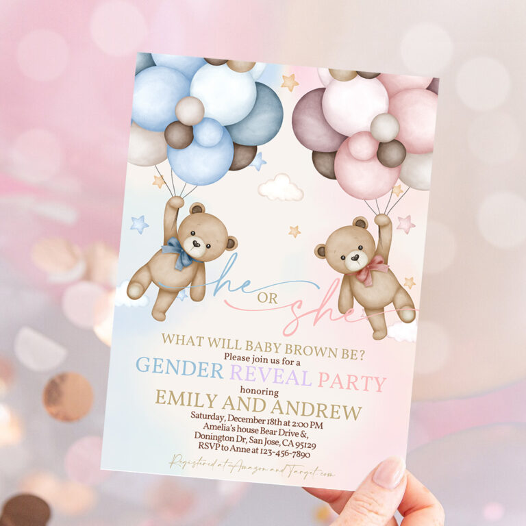 1 Teddy Bear Gender Reveal Invitation Gender Neutral Invites Boho Beige Pampas Grass Hot Air Balloons We Can Bearly Wait 1