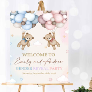 1 Teddy Bear Gender Reveal Welcome Sign Pink and Blue Bear Baby Shower Poster He or She Yard Sign Neutral Party Porch Door Sign 1