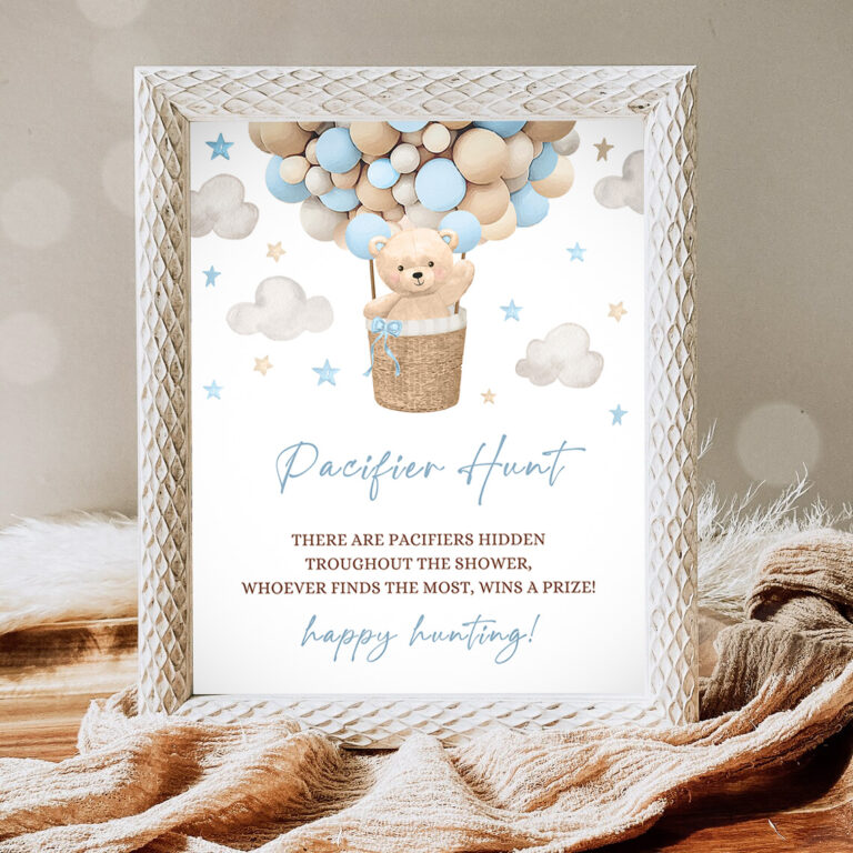 1 Teddy Bear Hot Air Balloon Shower Pacifier Hunt Sign Boy Blue Teddy Bear Baby Shower We Can Bearly Wait Shower Instant Download 4H 1