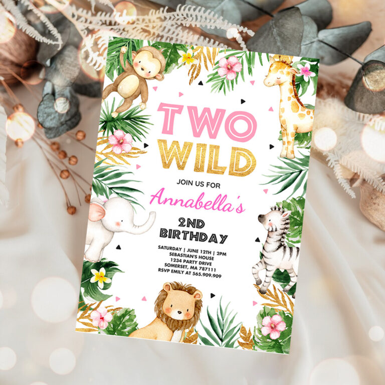 1 Two Wild Birthday Invitation Pink Gold Jungle Safari Animals Invitation Two Wild 2nd Birthday Party 1