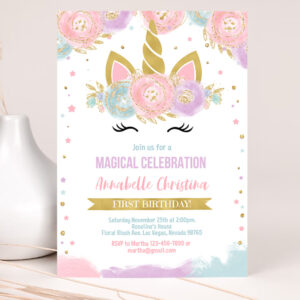 1 Unicorn Invitation Editable Unicorn Party Invite Unicorn Birthday Invitations Magical Unicorn Invite Girl gold Template 1